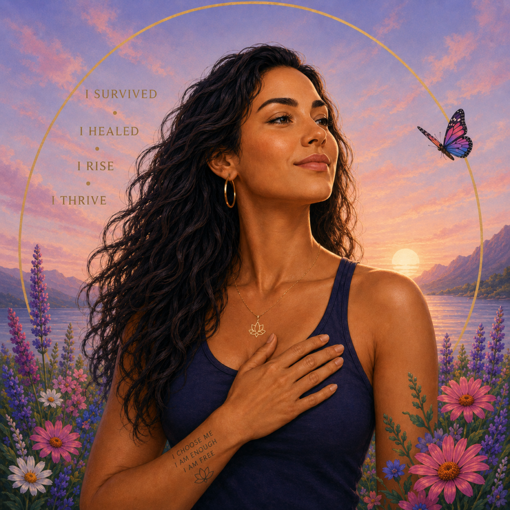 An image of a victim of sexual assault who has healed into a strong, brave, healthy woman. The image contains the words I survived, I healed, I rise, I thrive, along with a tattoo on the woman's forearm that reads I choose me, I am enough, I am free.